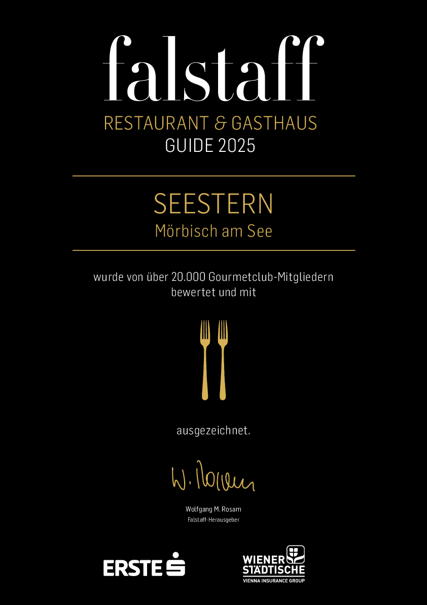 Falstaff Restaurant & Gasthaus Guide 2025 – Restaurant Seestern Mörbisch am See ausgezeichnet mit zwei goldenen Gabeln.